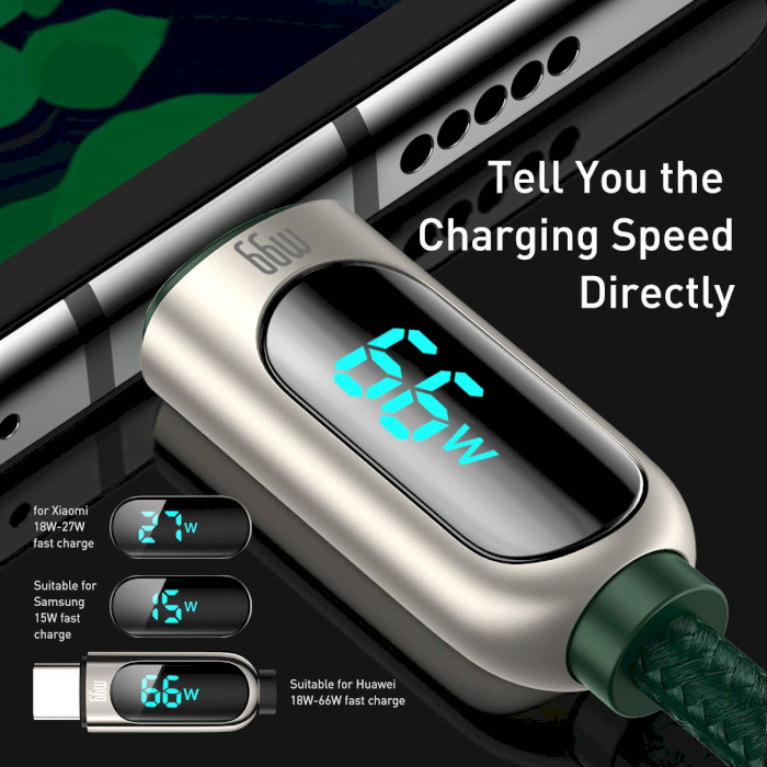 Кабель BASEUS Display Fast Charging Data Cable USB to Type-C 66W 1м Green (CASX020006)