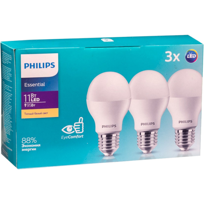 Лампочка LED PHILIPS LEDbulb A60 E27 11W 3000K 220V (2 шт. в комплекте) (929002299547)