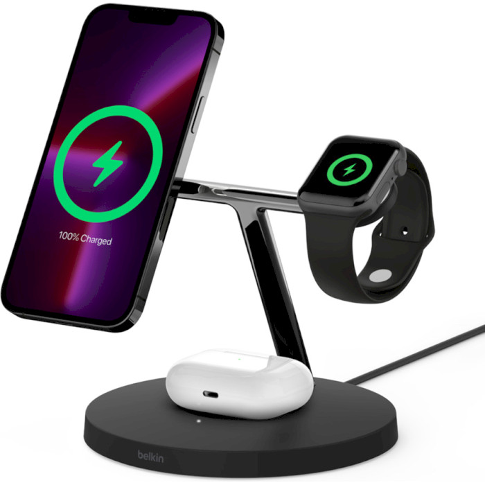 Беспроводное зарядное устройство BELKIN Boost Up Charge Pro 3-in-1 Wireless Charger with MagSafe 15W Black (WIZ017VFBK)