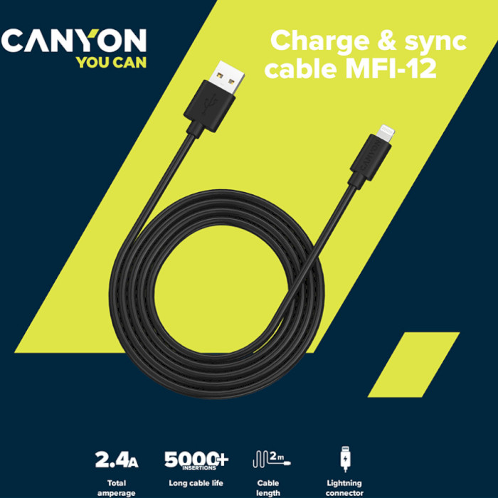 Кабель CANYON MFI-12 Charge & Sync USB-A to Lightning 2м Black (CNS-MFIC12B)