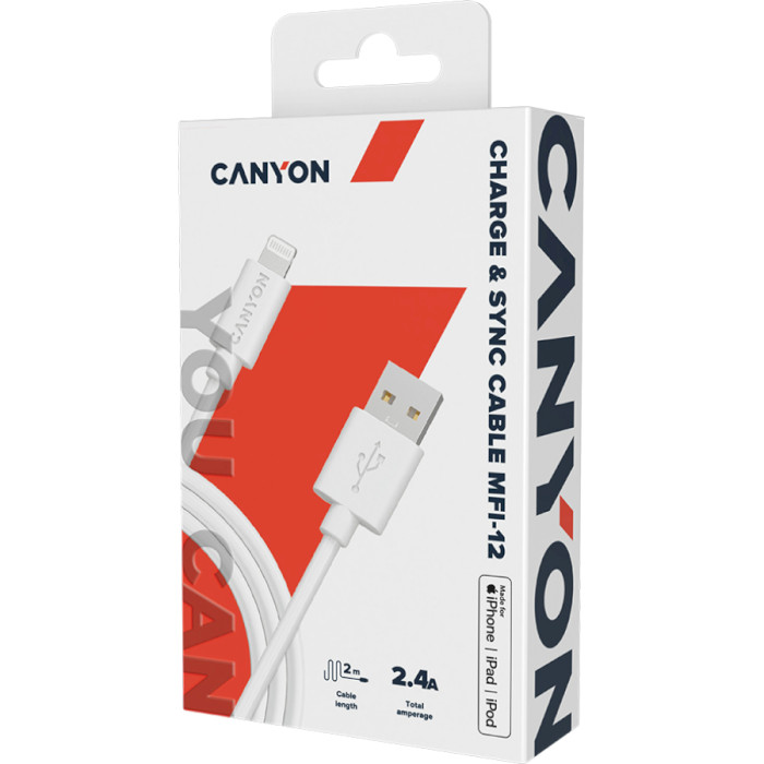 Кабель CANYON MFI-12 Charge & Sync USB-A to Lightning 2м White (CNS-MFIC12W)