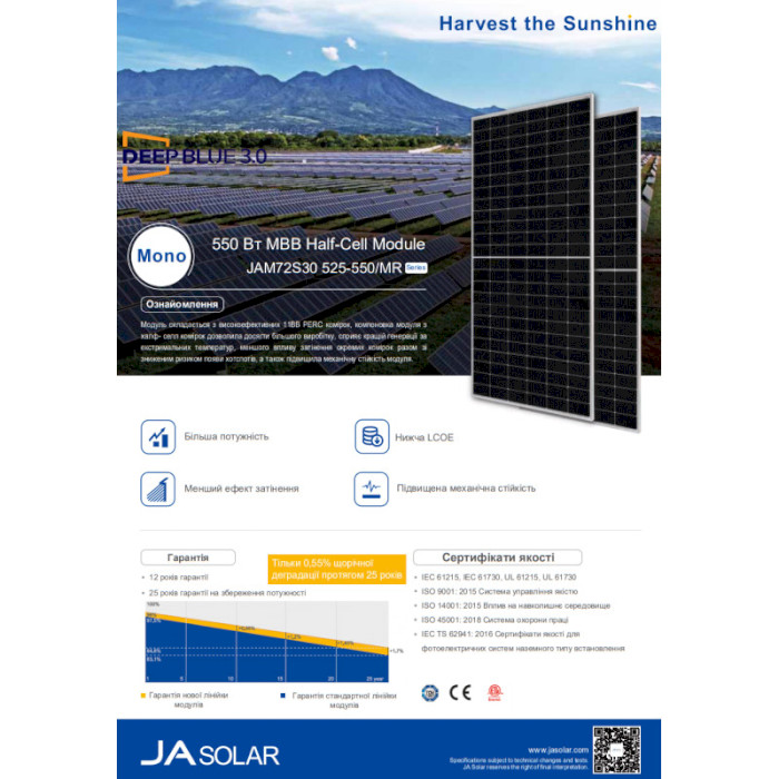 Солнечная панель JA SOLAR 540W JAM72S30-540/MR