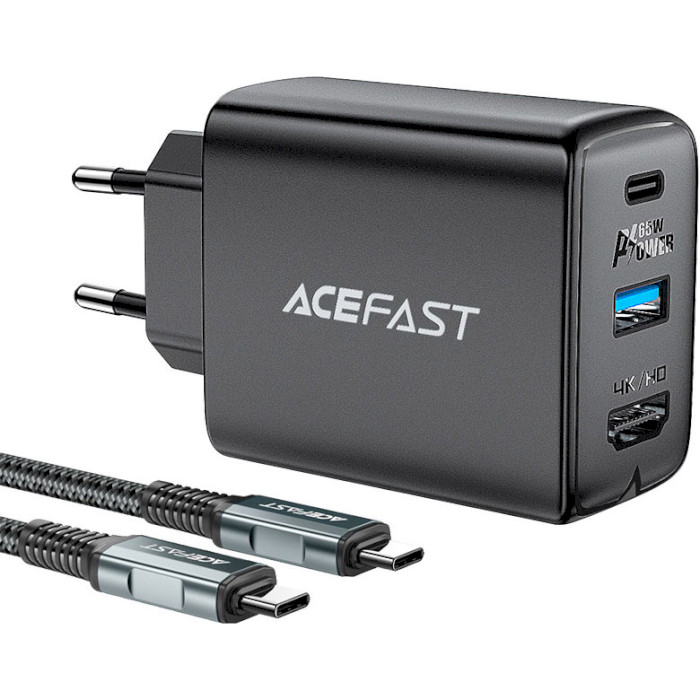 Зарядний пристрій ACEFAST A17 Fast Charge Smart Wall Charger Hub GaN PD65W (1xUSB-C, 1xUSB-A, 1xHDMI) Black w/Type-C to Type-C cable