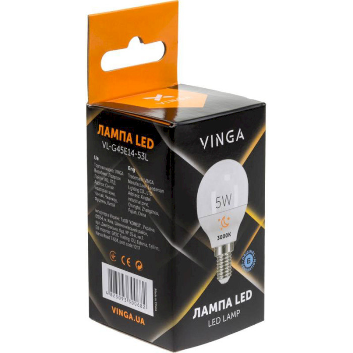 Лампочка LED VINGA G45 E14 5W 3000K 220V (VL-G45E14-53L)