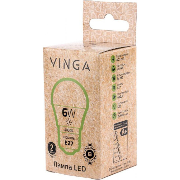 Лампочка LED VINGA G45 E27 6W 4000K 220V (VL-G45E27-64L)