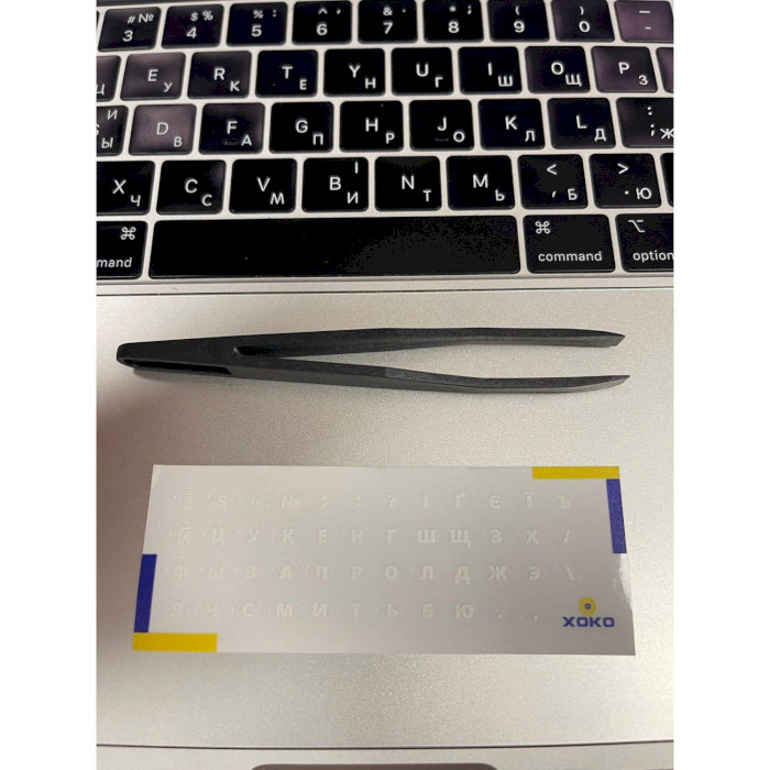 Наліпки на клавіатуру XOKO прозорі з білими літерами, UA/RU, 47keys (XK-MCR-47)