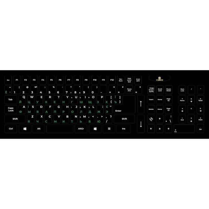 Наліпки на клавіатуру XOKO чорні із зеленими та білими літерами, EN/UA/RU, 109keys (XK-KB-STCK-BG)