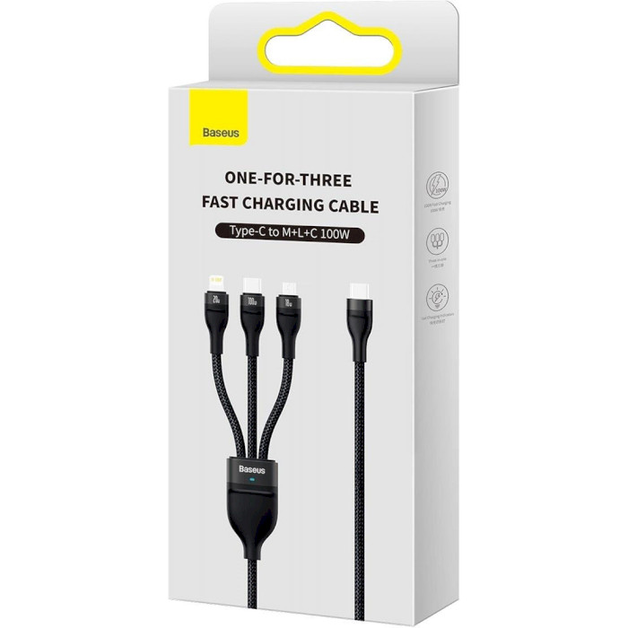 Кабель BASEUS Flash Series II 3-in-1 Fast Charging Data Cable Type-C to M+L+C 100W 1.5м Black (CASS030201)