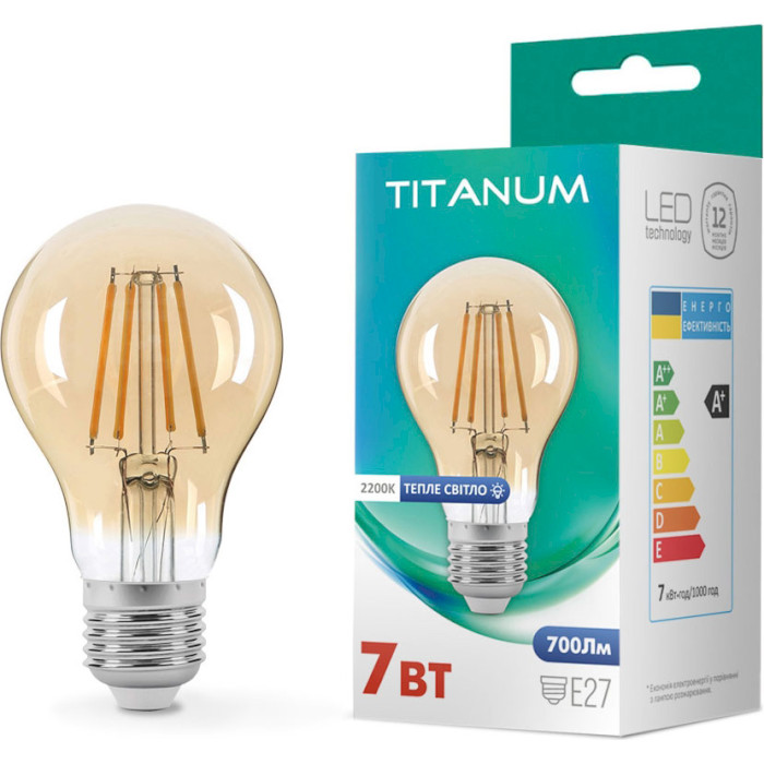 Лампочка LED TITANUM Filament A60 E27 7W 2200K 220V (TLFA6007272A)