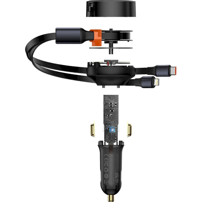 Автомобільний зарядний пристрій BASEUS Enjoyment Retractable 2-in-1 C+L 30W Black w/2-in-1 cable (CGTX000001)