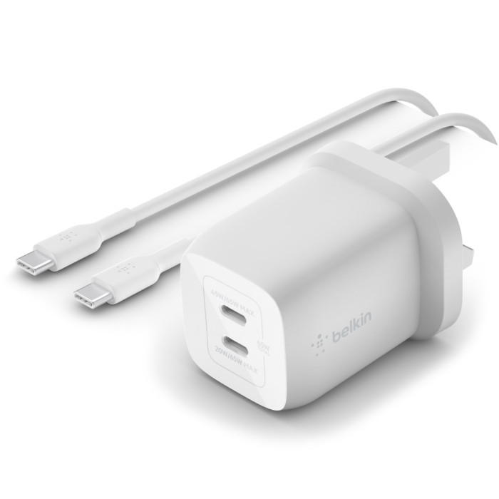 Зарядний пристрій BELKIN Boost Up Charge Pro GaN 2-Ports USB-C PPS Wall Charger 65W White w/Type-C to Type-C cable (WCH013VF2MWH-B6)