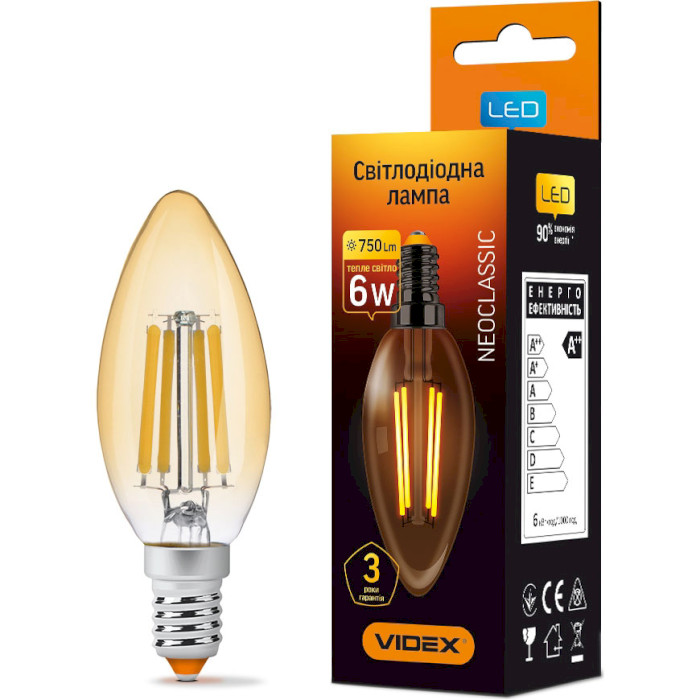 Лампочка LED VIDEX Filament C37 E14 6W 2200K 220V (VL-C37FA-06142)