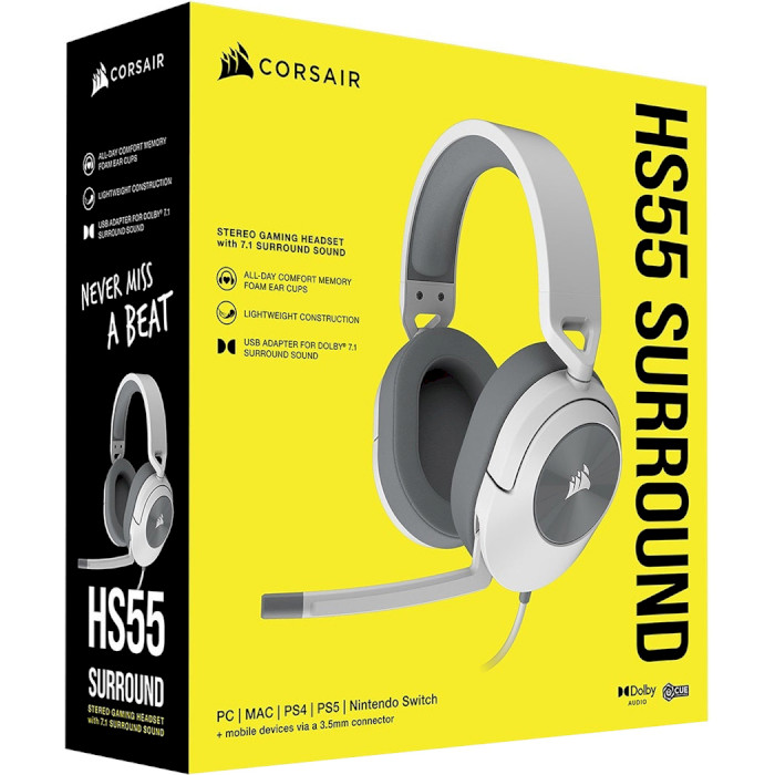 Навушники геймерскі CORSAIR HS55 Surround White (CA-9011266-EU)