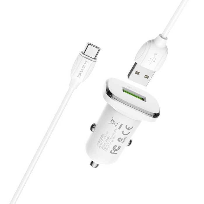 Автомобильное зарядное устройство BOROFONE BZ12A Lasting 1xUSB-A, QC3.0, 18W White w/Type-C cable (BZ12ACW)