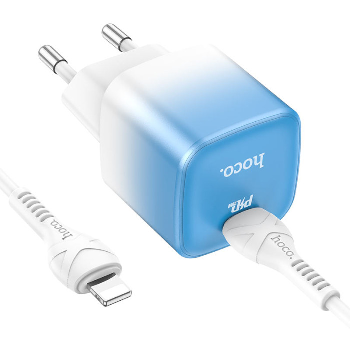 Зарядное устройство HOCO C101A 1xUSB-C, PD20W Ice Blue w/Type-C to Lightning cable (6931474769381)