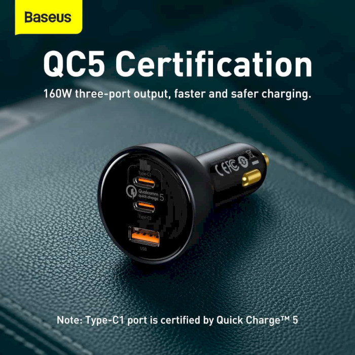 Автомобільний зарядний пристрій BASEUS QC5 Fast Charge C+C+U 160W Set Gray w/Type-C to Type-C cable (TZCCZM-0G)