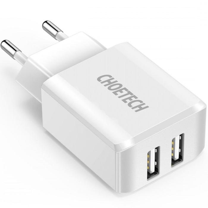 Зарядний пристрій CHOETECH C0030 5V/2A Dual Port USB Wall Charger White