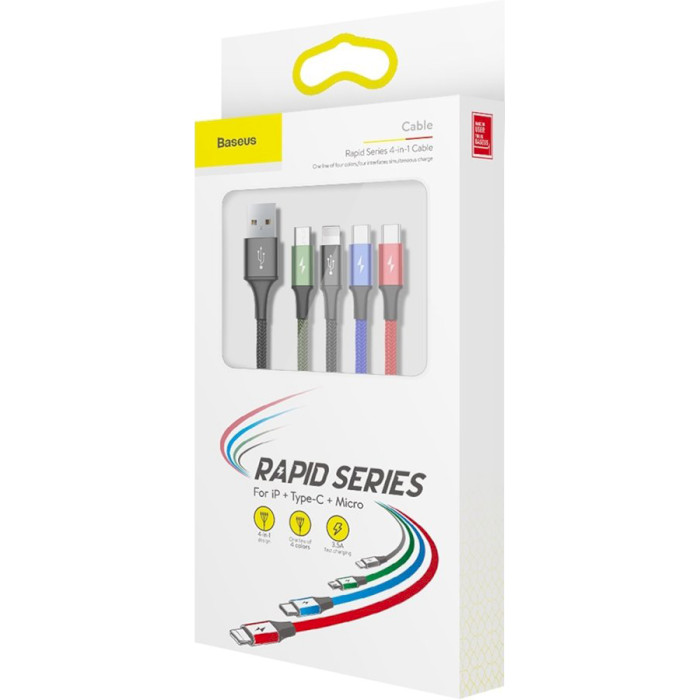 Кабель BASEUS Rapid Series 4-in-1 Cable for iP + Type-C + Micro Data Sync Charging Cable 1.2м Black (CA1T4-B01)