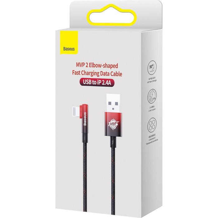 Кабель BASEUS MVP 2 Elbow-shaped Fast Charging Data Cable USB to iP 2.4A 1м Black/Red (CAVP000020)