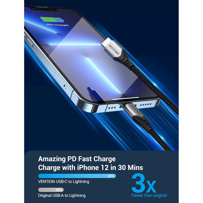 Кабель VENTION PD Fast Charging Cable Type-C to Lightning 1.5м Gray (TACHG)