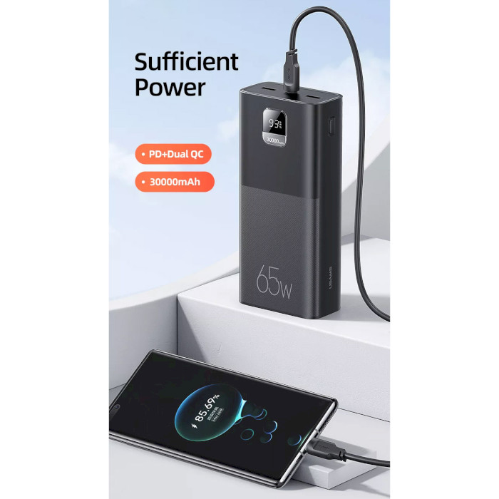 Повербанк USAMS US-CD185 PB68 Dual QC3.0+PD 65W Digital Display Fast Charging 30000mAh Black (US-CD185/US-SJ567)