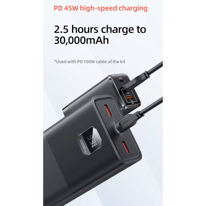 Повербанк USAMS US-CD185 PB68 Dual QC3.0+PD 65W Digital Display Fast Charging 30000mAh Black (ATXLOGTC01)