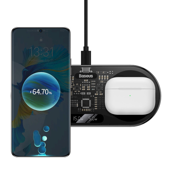 Бездротовий зарядний пристрій BASEUS Digital LED Display 2-in-1 Wireless Charger Black (WXSX010101)