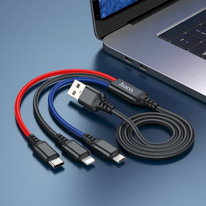 Кабель HOCO X76 3-in-1 USB-A to Lightning/Micro-USB/Type-C 1м Black/Red/Blue