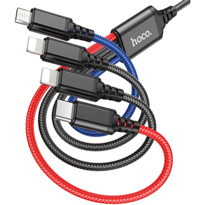 Кабель HOCO X76 4-in-1 USB-A to Lightning x 2/Micro-USB/Type-C 1м Black/Red/Blue