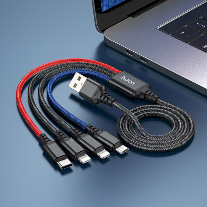 Кабель HOCO X76 4-in-1 USB-A to Lightning x 2/Micro-USB/Type-C 1м Black/Red/Blue