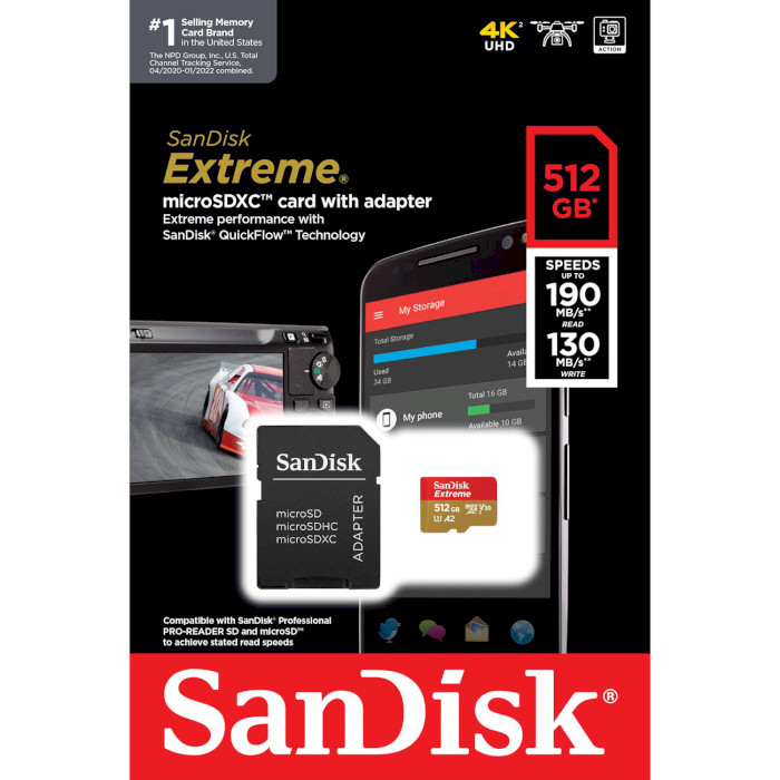 Карта памяти SANDISK microSDXC Extreme 512GB UHS-I U3 V30 A2 Class 10 + SD-adapter (SDSQXAV-512G-GN6MA)