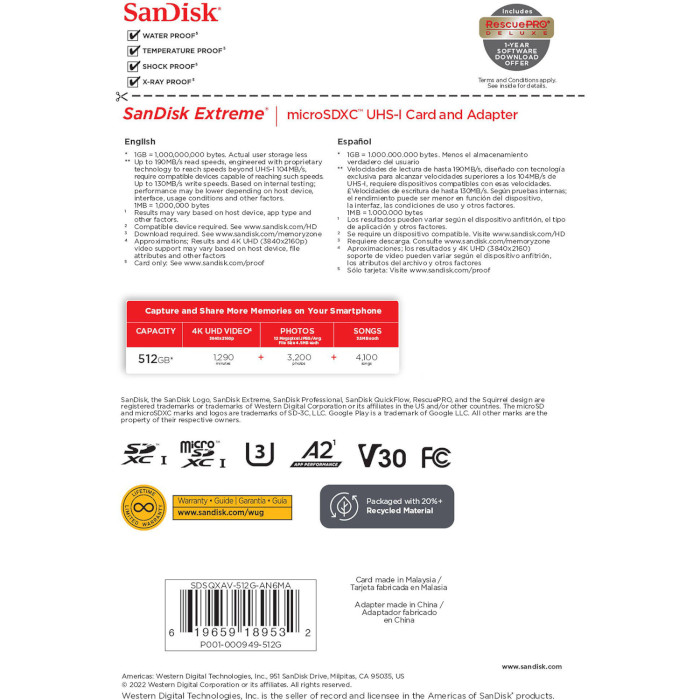 Карта пам'яті SANDISK microSDXC Extreme 512GB UHS-I U3 V30 A2 Class 10 + SD-adapter (SDSQXAV-512G-GN6MA)