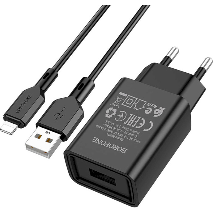 Зарядное устройство BOROFONE BA68AL Glacier 1xUSB-A, 2.1A Black w/Lightning cable (BA68ALB)