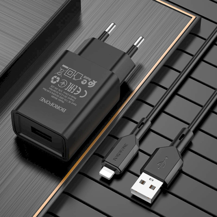 Зарядний пристрій BOROFONE BA68AL Glacier 1xUSB-A, 2.1A Black w/Lightning cable (BA68ALB)