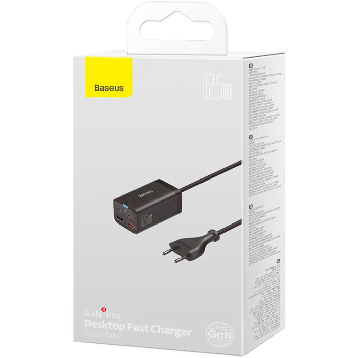 Зарядний пристрій BASEUS GaN3 Pro Desktop Fast Charger 2C+2U 65W Black w/Type-C to Type-C cable (CCGP040101)