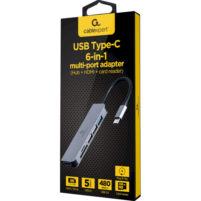Порт-реплікатор CABLEXPERT 6-in-1 USB-C to HDMI/USB3.1/USB2.0/CR (A-CM-COMBO6-02)