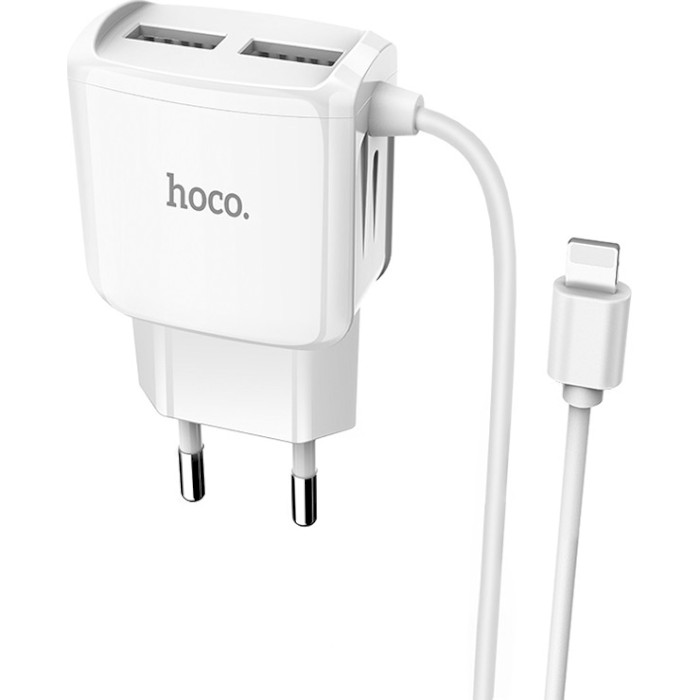 Зарядное устройство HOCO C59A Mega Joy 2xUSB-A, 2.1A White w/Lightning cable (6931474707949)