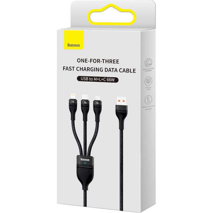 Кабель BASEUS Flash Series II 3-in-1 Fast Charging Data Cable USB to M+L+C 66W 1.2м Black (CASS040001)