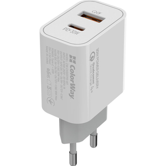 Зарядное устройство COLORWAY Power Delivery 1xUSB-C, 1xUSB-A, PPS, 30W White (CW-CHS037PD-WT)