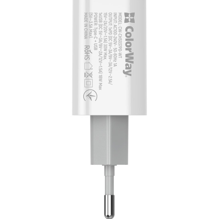 Зарядний пристрій COLORWAY Power Delivery 1xUSB-C, 1xUSB-A, PPS, 30W White (CW-CHS037PD-WT)