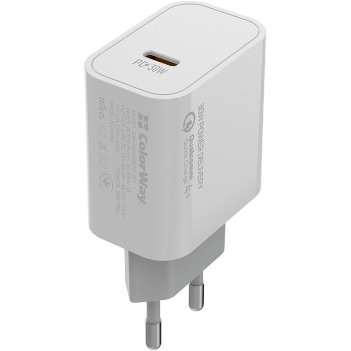 Зарядний пристрій COLORWAY Power Delivery 1xUSB-C, PPS, 30W White (CW-CHS038PD-WT)