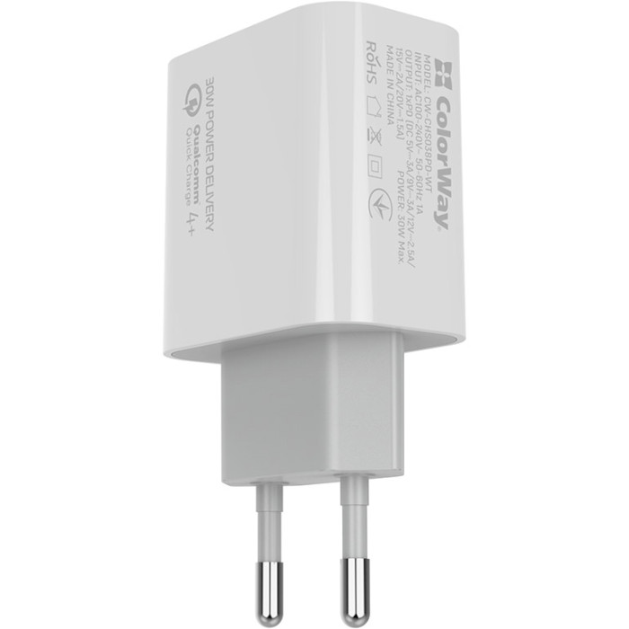 Зарядний пристрій COLORWAY Power Delivery 1xUSB-C, PPS, 30W White (CW-CHS038PD-WT)