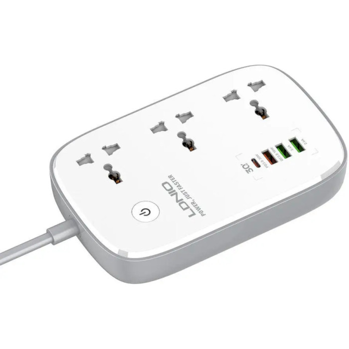 Мережевий фільтр керований LDNIO SCW3451 White, 3 розетки, 1xUSB-C, 3xUSB, 2м