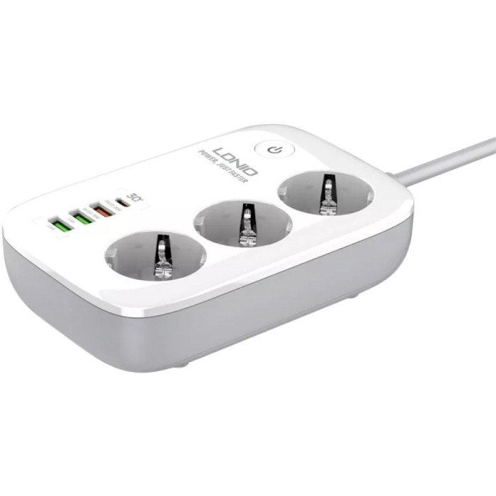 Сетевой фильтр управляемый LDNIO SEW3452 White, 3 розетки, 1xUSB-C, 3xUSB, 2м