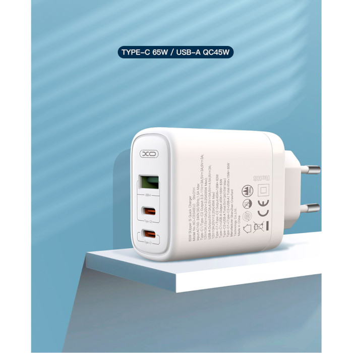 Зарядний пристрій XO CE04 2xUSB-C, 1xUSB-A, PD2.0, QC3.0 White w/Type-C to Type-C cable (XO-CE04)