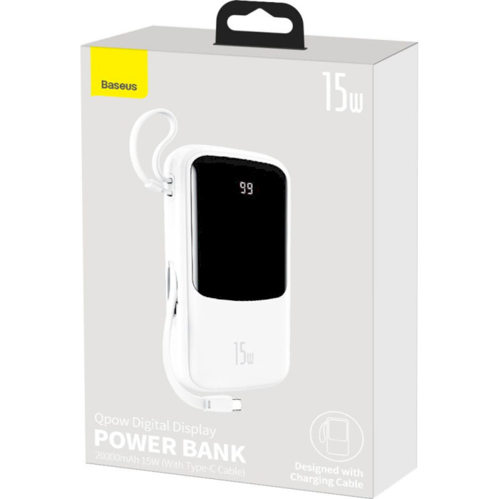 Повербанк BASEUS Qpow Digital Display Power Bank 15W w/USB-C Cable 20000mAh White (PPQD-G02)