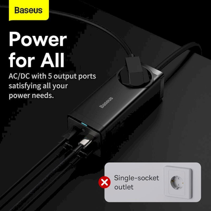 Зарядний пристрій BASEUS GaN3 Pro Desktop PowerStrip AC+2U+2C 65W Black w/Type-C to Type-C cable (PSZM000901)