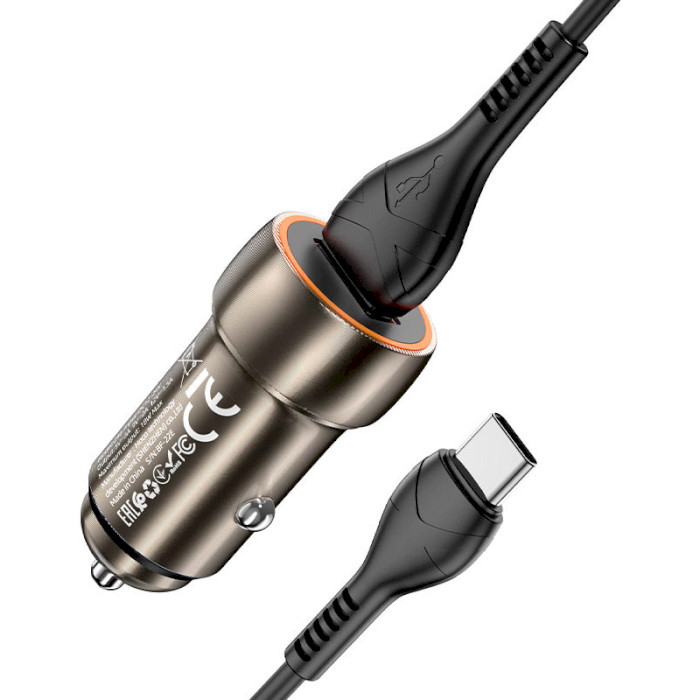 Автомобільний зарядний пристрій HOCO Z46 1xUSB-A, QC3.0 Metal Gray w/Type-C cable (6931474770318)