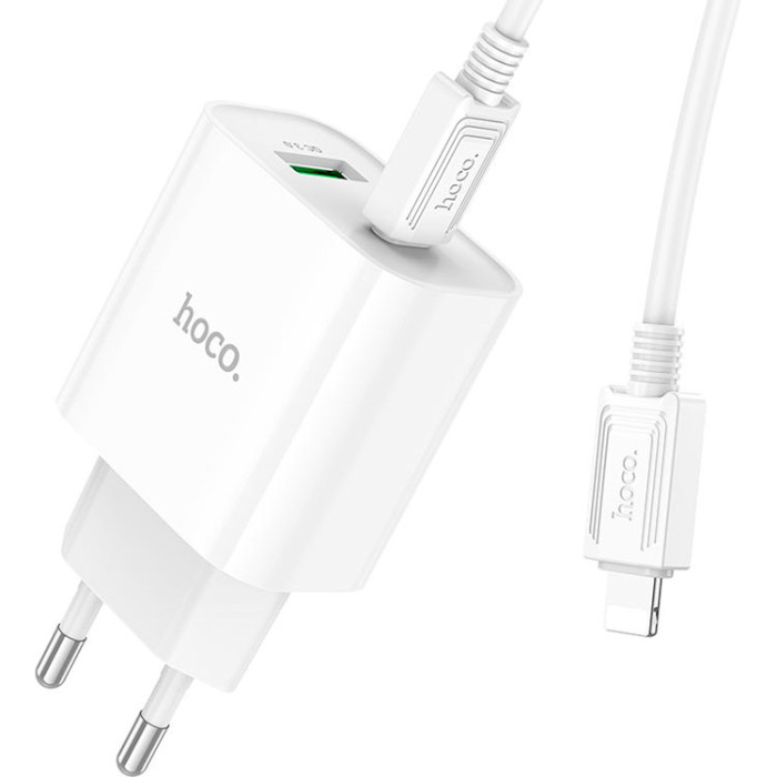 Зарядний пристрій HOCO C80A Plus Rapido 1xUSB-A, 1xUSB-C, PD20W, QC3.0 White w/Type-C to Lightning cable (6931474779892)