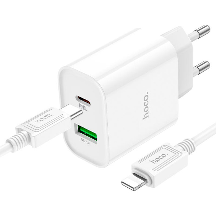 Зарядний пристрій HOCO C80A Plus Rapido 1xUSB-A, 1xUSB-C, PD20W, QC3.0 White w/Type-C to Lightning cable (6931474779892)